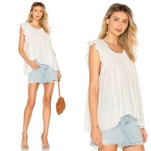 Free‎ People White Minimalist Pleated Neckline Ruffle Sleeve Coconut Shirt S/M